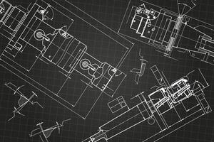Mechanical engineering drawings on black background. Tap tools, borer. Technical Design. Cover. Blueprint. vector