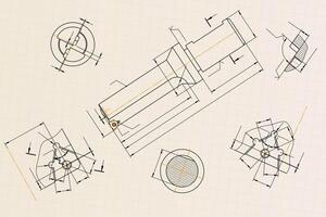 Mechanical engineering drawings on light background. Tap tools, borer. Technical Design. Cover. Blueprint. vector