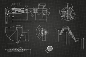 Mechanical engineering drawings on black background. Tap tools, borer. Technical Design. Cover. Blueprint. vector