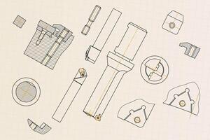Mechanical engineering drawings on light background. Tap tools, borer, cutting tools, milling cutter. Technical Design. Cover. Blueprint. vector