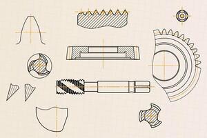 Mechanical engineering drawings on light background. Tap tools, borer, cutting tools, milling cutter. Technical Design. Cover. Blueprint. vector