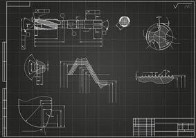 Mechanical engineering drawings on black background. Tap tools, borer. Technical Design. Cover. Blueprint. vector