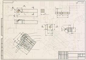 Mechanical engineering drawings on light background. Cutter, assembly tool with replaceable multi-faceted plate. Technical Design. Cover. Blueprint. vector