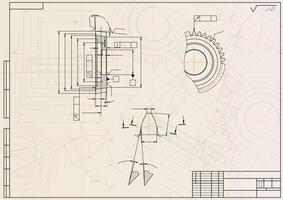 Mechanical engineering drawings on light background. Gear cutting tool. Technical Design. Cover. Blueprint. vector