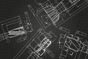 Mechanical engineering drawings on black background. Tap tools, borer. Technical Design. Cover. Blueprint. vector