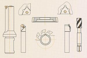 Mechanical engineering drawings on light background. Tap tools, borer, cutting tools, milling cutter. Technical Design. Cover. Blueprint. vector