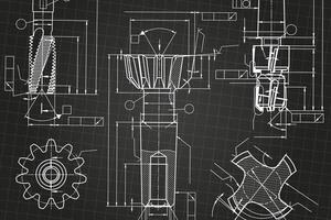 Mechanical engineering drawings on black background. Tap tools, borer. Technical Design. Cover. Blueprint. vector