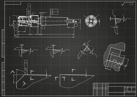 Mechanical engineering drawings on black background. Tap tools, borer. Technical Design. Cover. Blueprint. vector