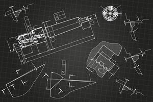 Mechanical engineering drawings on black background. Tap tools, borer. Technical Design. Cover. Blueprint. vector