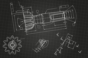 Mechanical engineering drawings on black background. Tap tools, borer. Technical Design. Cover. Blueprint. vector