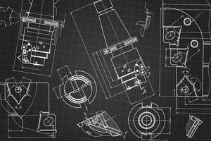 Mechanical engineering drawings on black background. Tap tools, borer. Technical Design. Cover. Blueprint. vector