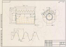 Mechanical engineering drawings on light background. Cutting tools, milling cutter. Technical Design. Cover. Blueprint. vector