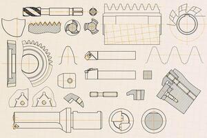 Mechanical engineering drawings on light background. Tap tools, borer, cutting tools, milling cutter. Technical Design. Cover. Blueprint. vector