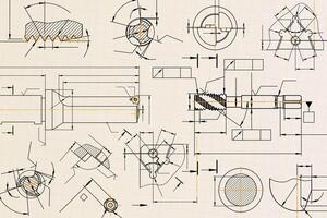 Mechanical engineering drawings on light background. Tap tools, borer, cutting tools, milling cutter. Technical Design. Cover. Blueprint. vector