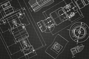 Mechanical engineering drawings on black background. Tap tools, borer. Technical Design. Cover. Blueprint. vector