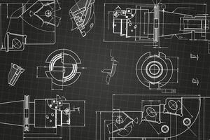Mechanical engineering drawings on black background. Tap tools, borer. Technical Design. Cover. Blueprint. vector