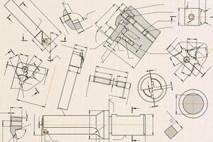 Mechanical engineering drawings on black background. Tap tools, borer. Technical Design. Cover. Blueprint. vector
