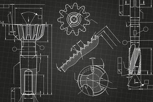 Mechanical engineering drawings on black background. Tap tools, borer. Technical Design. Cover. Blueprint. vector