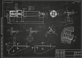 Mechanical engineering drawings on black background. Tap tools, borer. Technical Design. Cover. Blueprint. vector