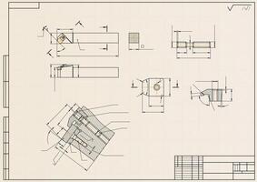 Mechanical engineering drawings on light background. Cutter, assembly tool with replaceable multi-faceted plate. Technical Design. Cover. Blueprint. vector