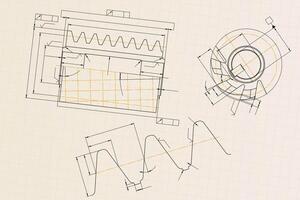 Mechanical engineering drawings on light background. Cutting tools, milling cutter. Technical Design. Cover. Blueprint. vector