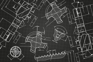 Mechanical engineering drawings on black background. Tap tools, borer. Technical Design. Cover. Blueprint. vector