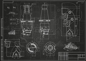 Mechanical engineering drawings on black background. Tap tools, borer. Technical Design. Cover. Blueprint. vector