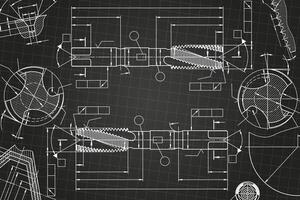 Mechanical engineering drawings on black background. Tap tools, borer. Technical Design. Cover. Blueprint. vector