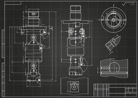 Mechanical engineering drawings on black background. Tap tools, borer. Technical Design. Cover. Blueprint. vector