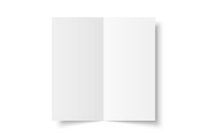 white blank vertical bi fold opened on white background. Bifold, leaflet, brochure, booklet, flyer or invitation card mockup. Mock up front side isolated. 3D illustration vector