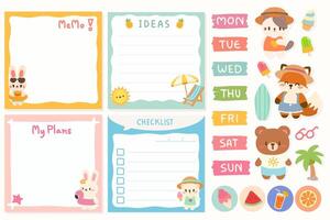 Kawaii Beach Memo Set with Cute Animals and Planning Stickers. Adorable Beach Themed Planner Stickers and Memo Templates. Cute and Fun Beach Planner Stickers and Memo Pads. vector