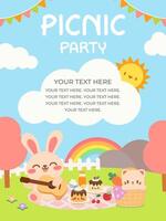 Kawaii Picnic Party Invitation with Adorable Bunny and Cat. Cute Picnic Party Poster Template with Happy Animals. Fun and Cheerful Picnic Party Design with Custom Text. vector