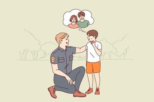 Kind policeman helps boy who has lost parents and sad because is afraid of not finding mom and dad vector