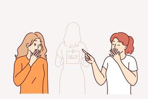 Girls laugh at classmate with ugly written on back, for concept of bullying and shaming in schools vector