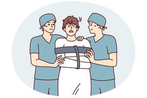 Two orderlies lead crazy man in straitjacket suffering from mental problems or schizophrenic illness vector
