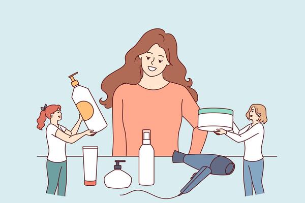 Woman chooses hair styling method while standing near table with shampoos and creams or hair dryer