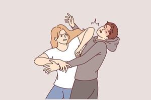 Woman demonstrates self-defense technique by striking man in face pretending to be maniac or robber vector