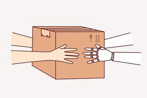 Synergy of human and robot working together in logistics and holding cardboard box with order vector
