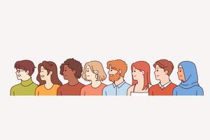 Multinational men and women of different races or religions stand in row, demonstrating unity vector