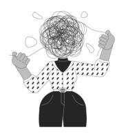 Mental health struggles black and white 2D illustration concept. Faceless woman with chaotic mind outline character isolated. Disorganized mind. Intrusive thoughts metaphor monochrome art vector