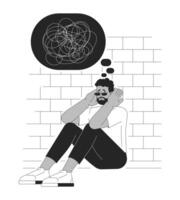 Mental health crisis black and white 2D illustration concept. Black man holding head burnout outline character isolated. Anxiety disorder. Exhausted from working metaphor monochrome art vector