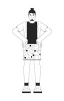 Smiling caucasian man with hands on hips black and white 2D line cartoon character. Summer outfit european guy isolated outline person. Bearded guy in power pose monochromatic spot illustration vector