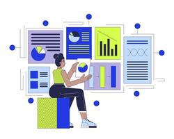 Data-driven product management 2D illustration concept. Project manager african american woman cartoon character isolated on white. Business analyst with charts metaphor abstract flat graphic vector