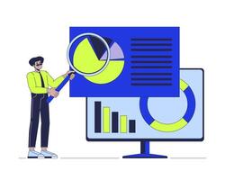 Analytics magnifying glass 2D illustration concept. Enlarging loupe analyst computer cartoon character isolated on white. Analysis data in product management metaphor abstract flat graphic vector
