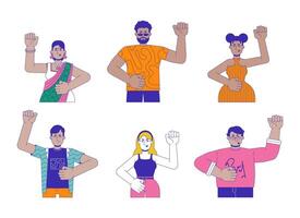 Diverse protestors activists 2D linear cartoon characters set. Fists raised protesters isolated line people white background. Social issues resistance color flat spot illustrations collection vector