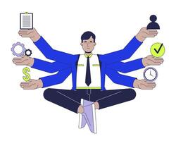 Multitasking in management 2D illustration concept. Product manager working on tasks simultaneously cartoon character isolated on white. Multi-task juggling metaphor abstract flat graphic vector