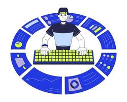 Data analytics business reports 2D illustration concept. Computer analyst typing keyboard cartoon character isolated on white. Key performance indicators metaphor abstract flat graphic vector