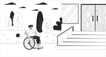 Lack of accessibility for disabled black and white line illustration. Confused wheelchair male in front of stairs 2D character monochrome background. Social issue barrier outline scene image vector