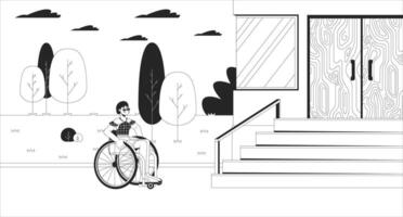 Inaccessible city for wheelchair user black and white line illustration. Frustrated disabled woman in front of staircase 2D character monochrome background. Public obstacles outline scene image vector