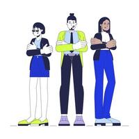 Product managers team cartoon flat illustration. Teamwork colleagues diversity at workplace 2D characters isolated on white background. Arms crossed employees confident scene color image vector